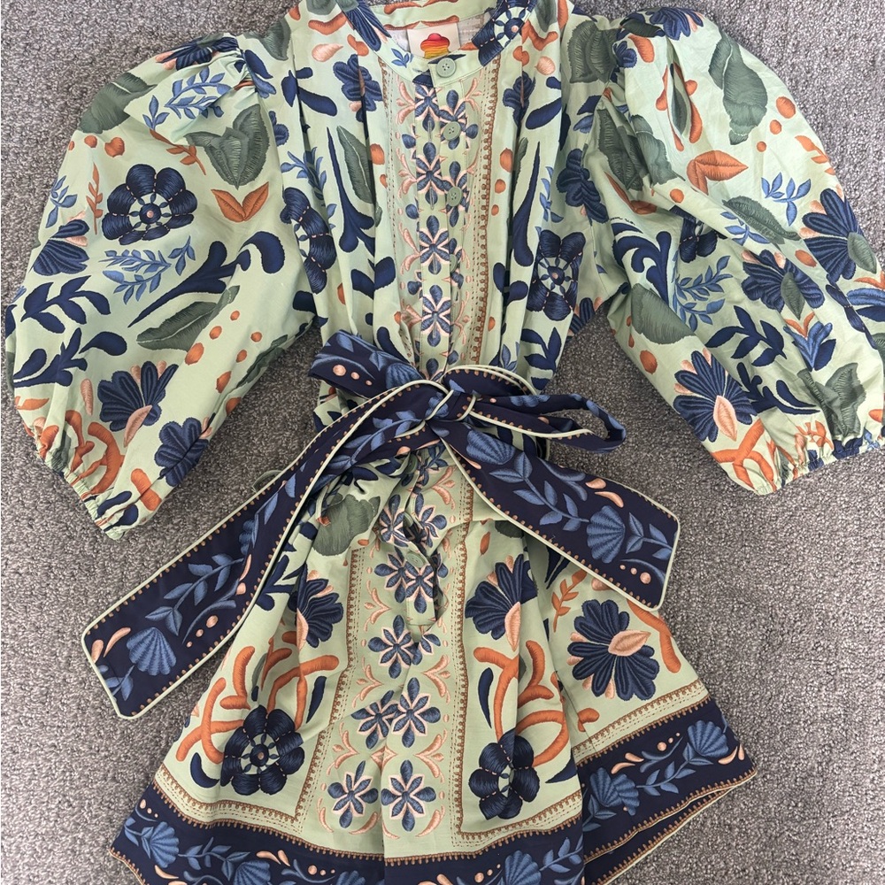FARM Rio Mint Green Floral Embroidered Romper with Navy & Coral Accents